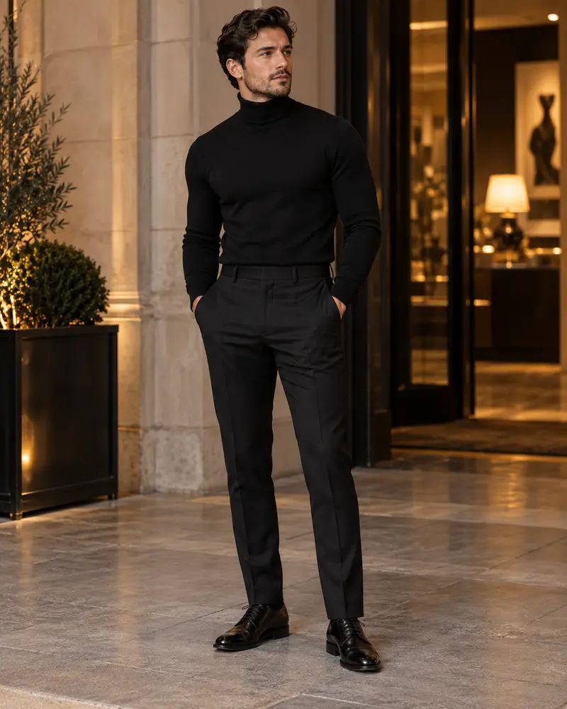 Black Turtleneck + Tailored Trousers + Dress Shoes