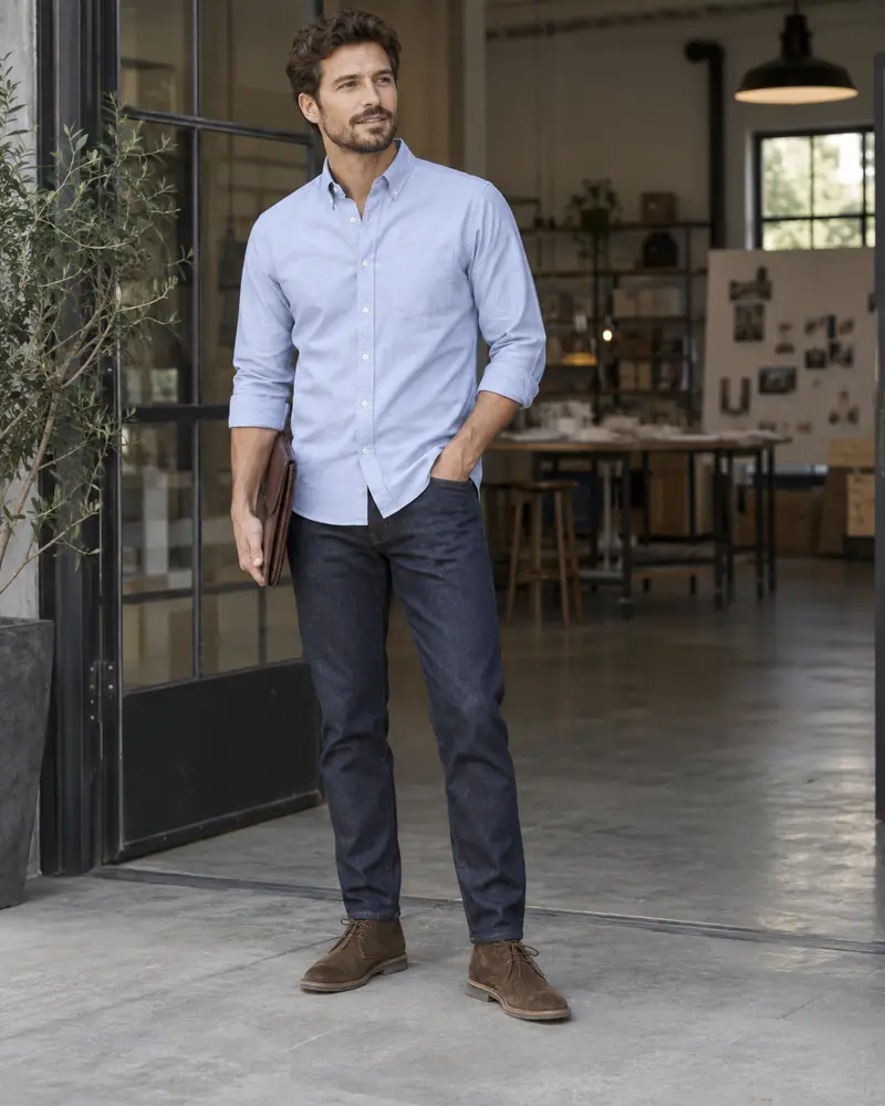 Dark Jeans + Oxford Shirt + Suede Chukkas