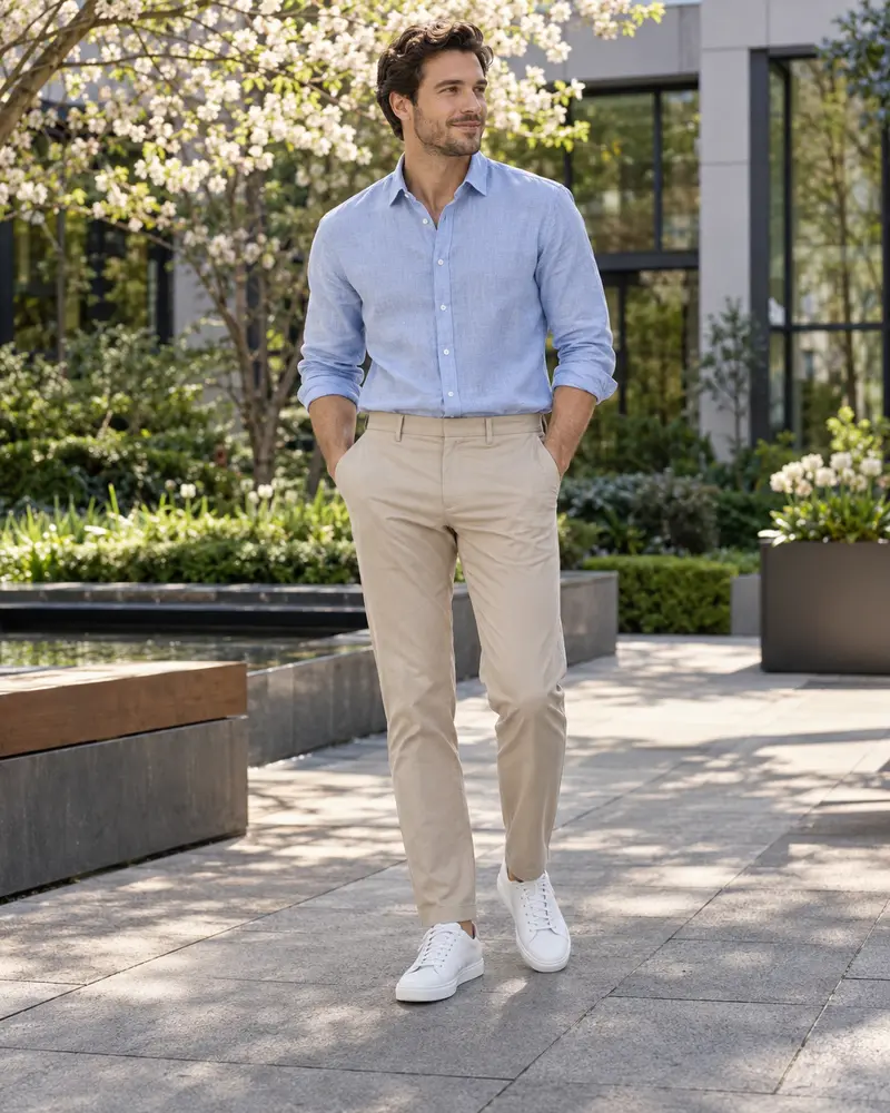 White Sneakers + Beige Trousers + Blue Shirt