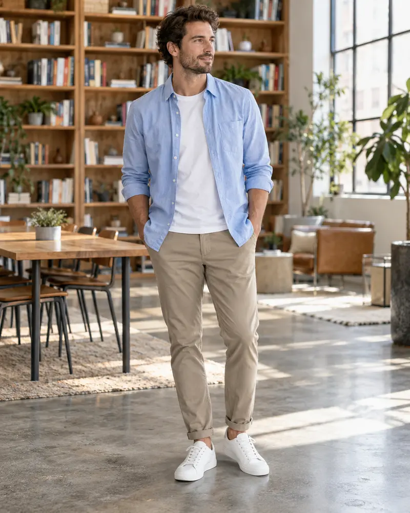 Open Blue Shirt + White T-Shirt + Chinos