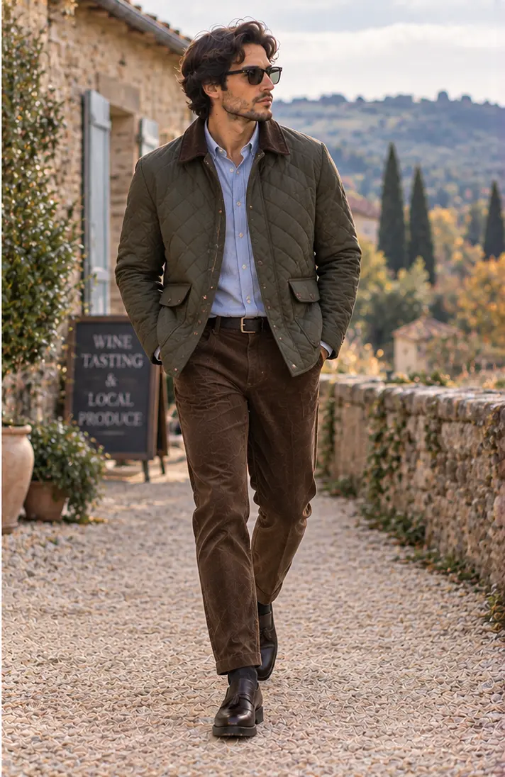 Quilted Jacket + Oxford Shirt + Corduroy Trousers + Loafers