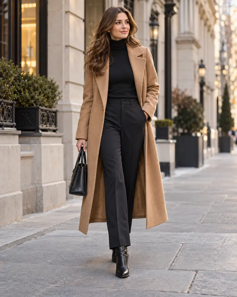 Black Leather Boots + Camel Coat + Turtleneck + Trousers