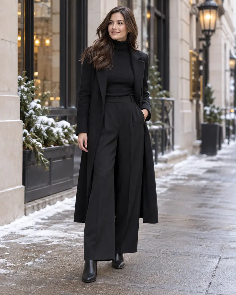 Black Wide-Leg Pants + Turtleneck + Long Coat + Boots