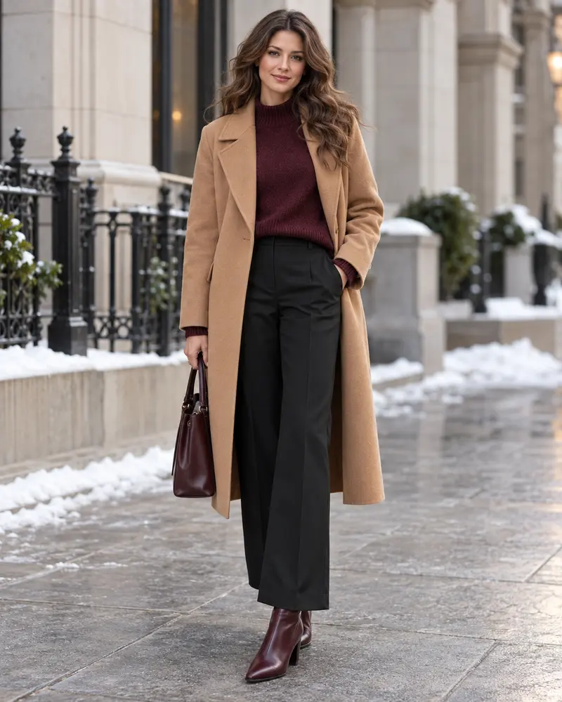 Burgundy Boots + Camel Coat + Black Trousers + Sweater