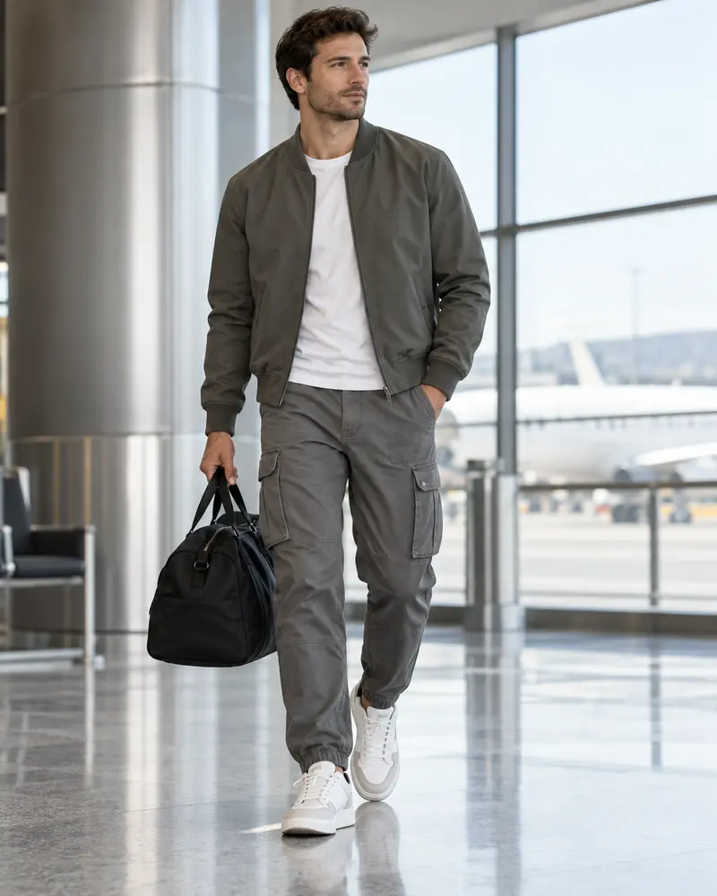 Gray Cargo Pants + Bomber Jacket + Sneakers
