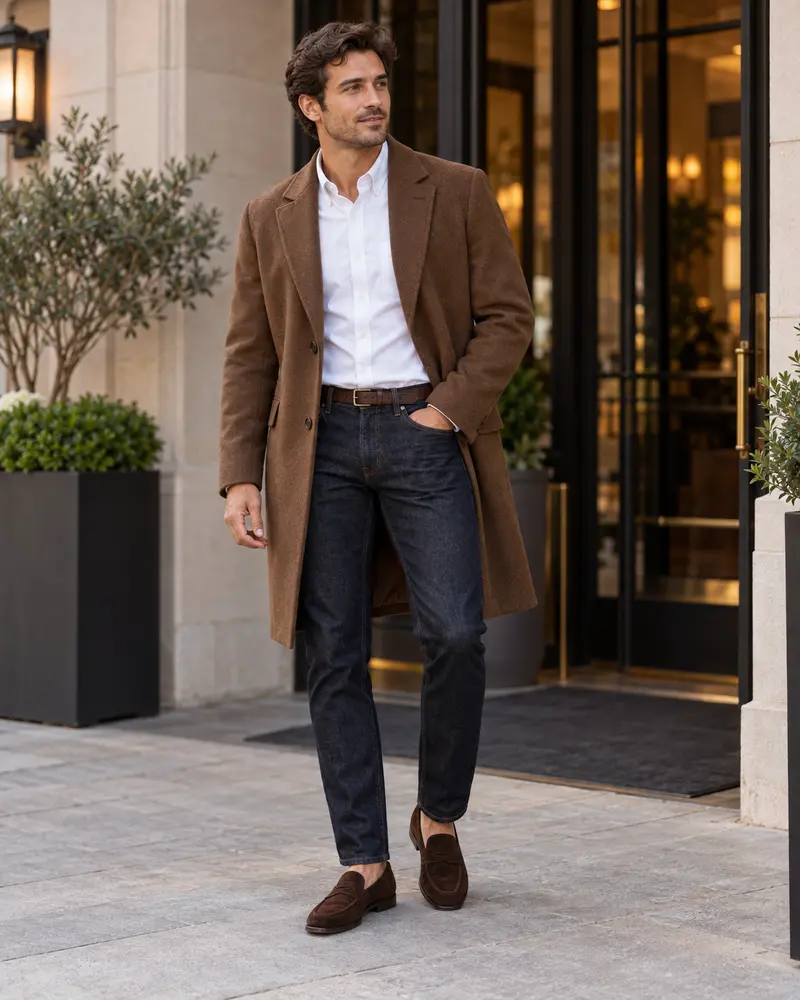 Brown Overcoat + Oxford Shirt + Dark Jeans + Loafers