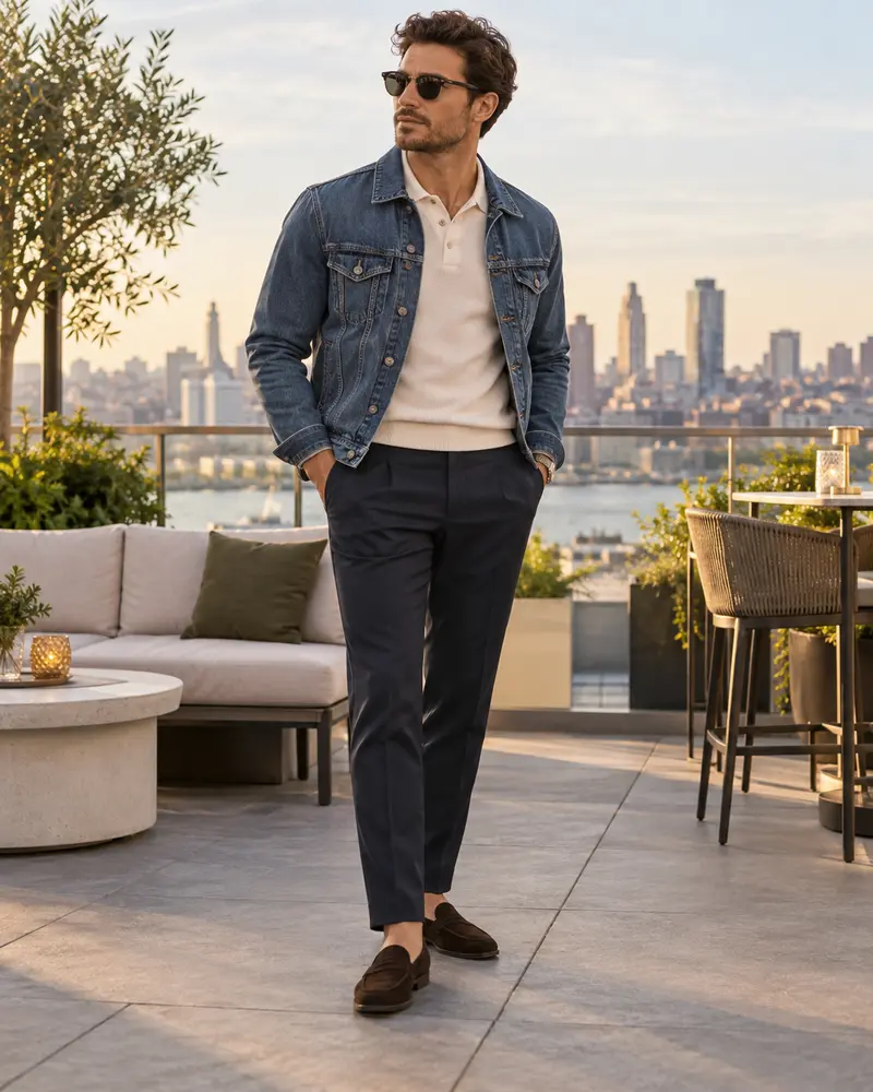 Denim Jacket + Knit Polo + Tailored Trousers + Loafers