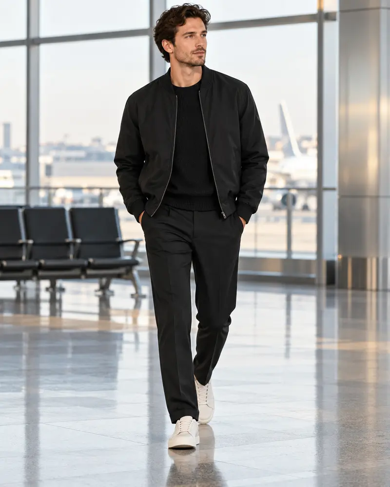 Black Bomber Jacket + Knit Top + Trousers + Sneakers