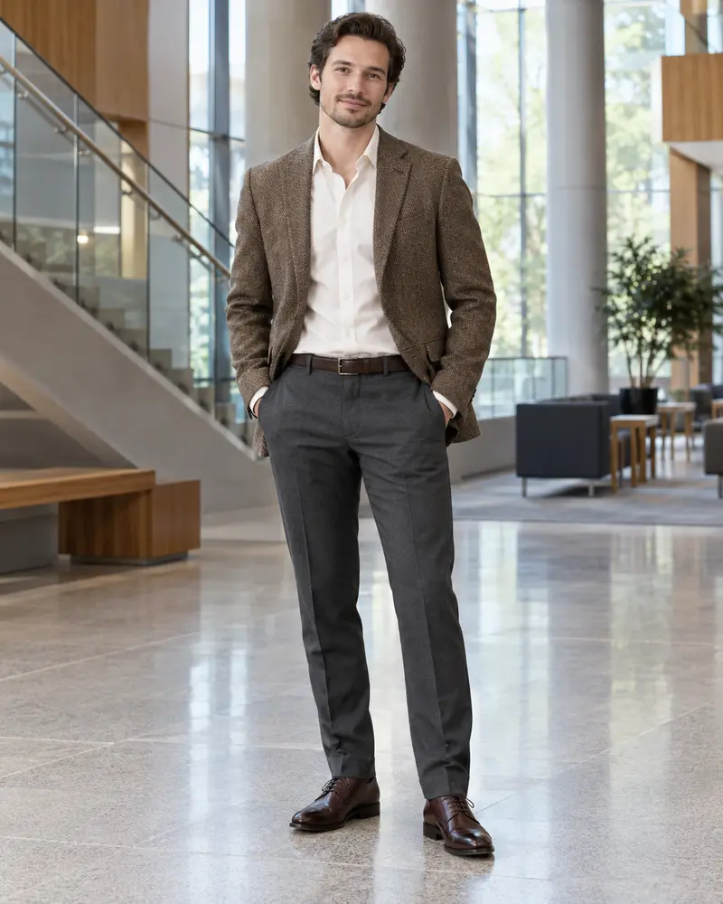 Brown Textured Blazer + Cream Shirt + Charcoal Trousers