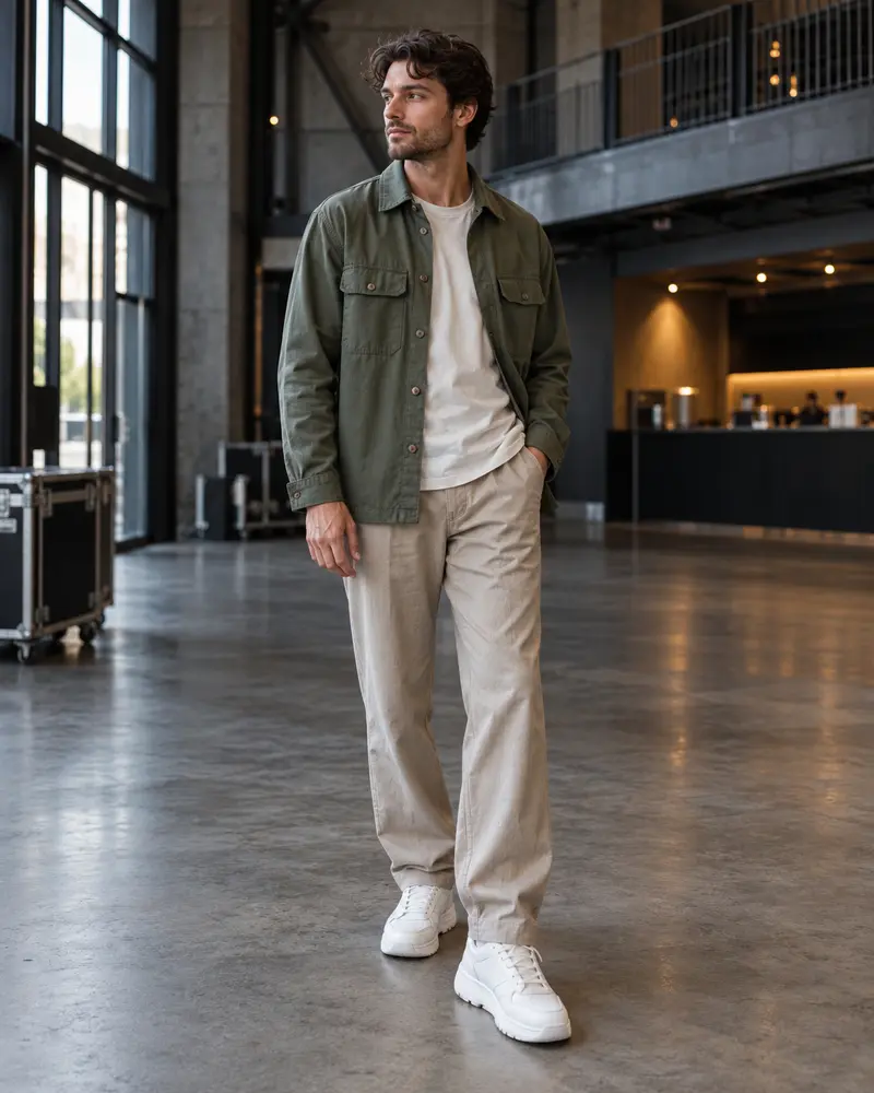 White Trainers + Relaxed Trousers + Overshirt
