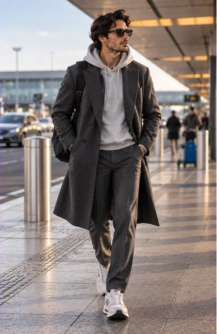 Long Coat + Hoodie + Tailored Trousers + Sneakers
