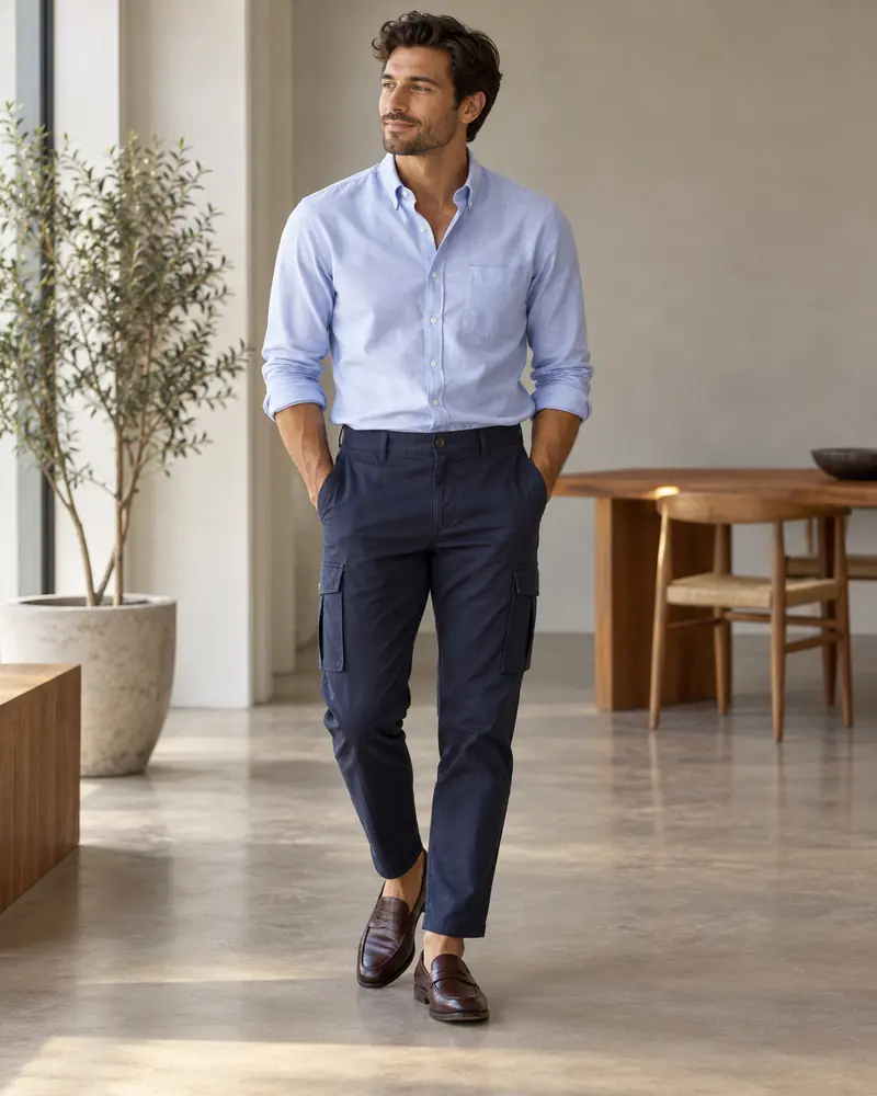 Navy Cargo Pants + Oxford Shirt + Loafers